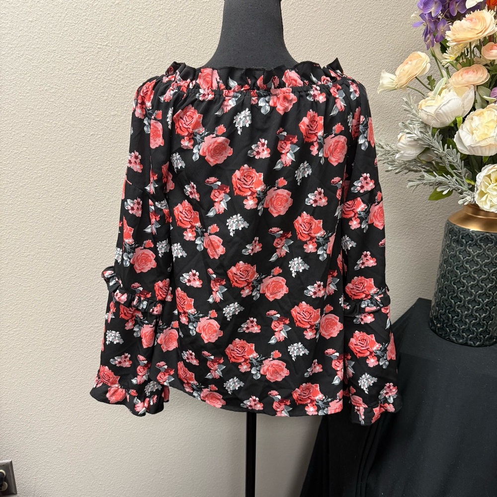 Panhandle Floral Off-Shoulder Black Ruffle Long Sleeve Boho Western Top M - Picture 3 of 8